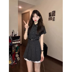 韩系复古假两件波点短袖连衣裙女夏季学院风穿搭收腰显瘦a字短裙