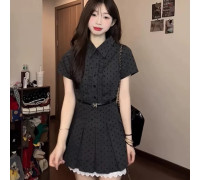韩系复古假两件波点短袖连衣裙女夏季学院风穿搭收腰显瘦a字短裙